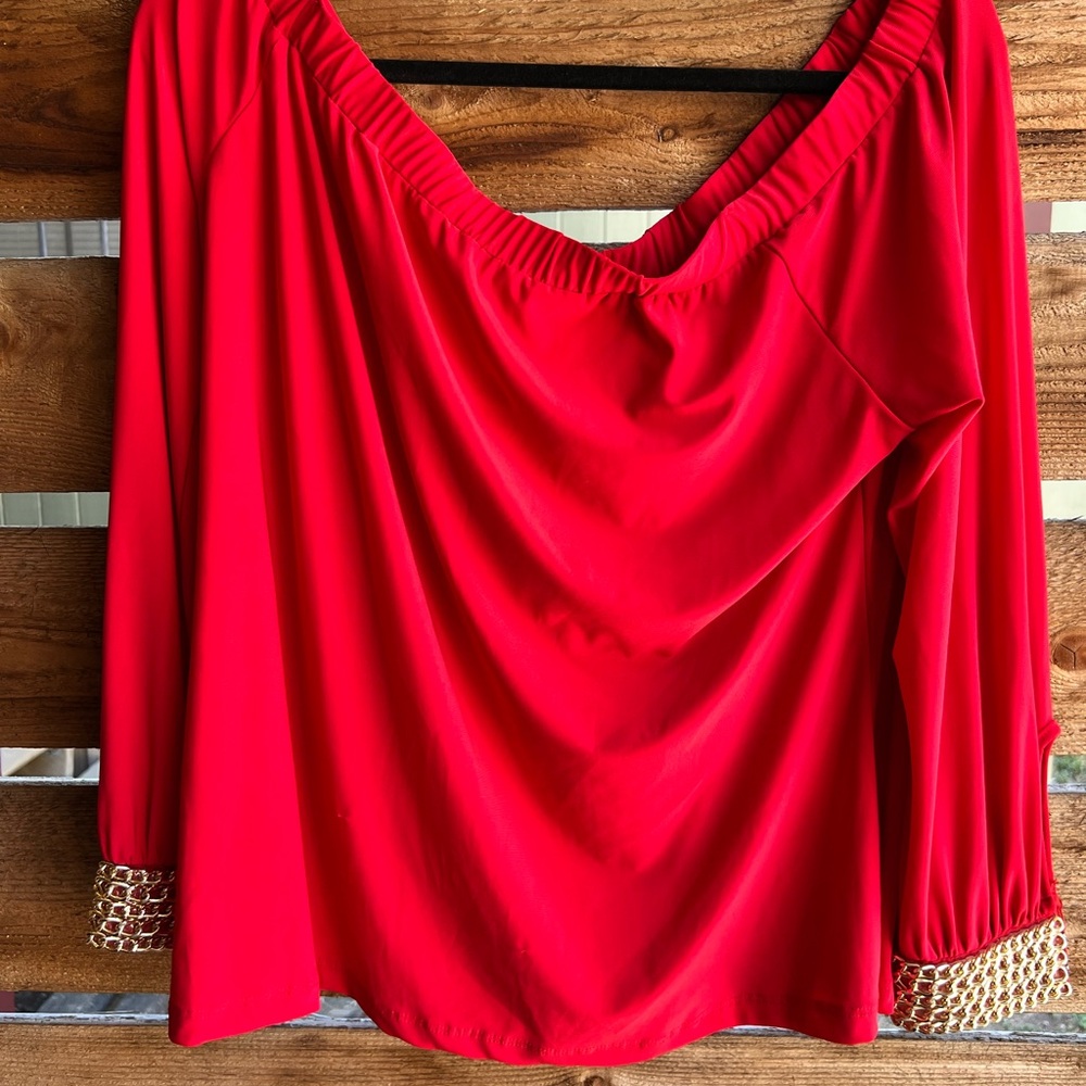 “Red Off Shoulder Blouse 3X Plus Size with Gold Chain Cuff Detail” - Picture 2 of 10